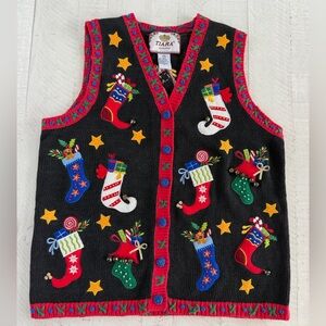 Vintage Tiara Christmas Sweater Vest Stockings with Bells Size Medium Petite.